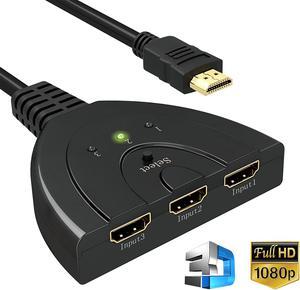 HDMI Switch, Gold Plated 3-Port HDMI Switcher,Splitter, Supports Full HD1080p, 3D with High Speed Pigtail Cable