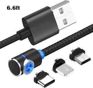 6.6ft 90 Degree Magnetic 3 in 1 Charging Cable USB Charger Cable Micro USB/Type C/L Connectors Magnetic Led Indicator for All Cell Phones Universa Charger Cable Multiple Charger Cable (Black)