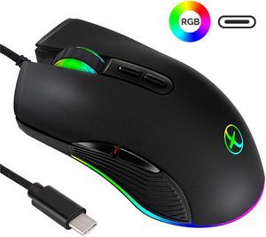 USB C Type C Mouse, Wired USB C Mice Gaming Mouse Ergonomic 4 RGB Backlight 3200 DPI Compatible with Mac, Matebook, Chromebook, HP OMEN, Windows PC, Laptop and More USB Type C Devices (Black)