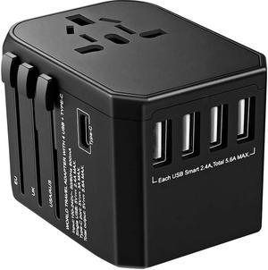 Worldwide Travel Adapter, International Power Adapter with 4 USB Ports 1 Type C Port for Cell Phone, Laptop, Tablet, Universal All in One AC Outlet for US, EU, UK, AUS 150+ Countries, Black