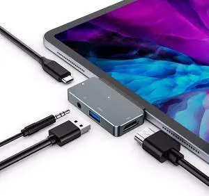 USB C Hub Type C Adapter for 2020 2018 iPad Pro 12.9" 11", 10.9" iPad Air 4, 4-in-1 Adapter with Aux 3.5mm Headphone Data Jack with Audio Volume Control, 4K HDMI, USB 3.0, USB C PD Charging Dongle