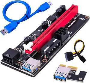 Mining Graphics Card PCIe Riser VER 009S 16x to 1x Powered Riser Adapter Card w/ USB 3.0 Extension Cable & 6-Pin PCI-E to SATA Power Cable | Bitcoin | Ethereum Mining