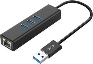USB 3.0 Hub to 3x USB3.0 1x RJ45 Ethernet Adapter, with RJ45 10/100/1000 Gigabit Ethernet LAN Network to USB Adapter for Windows PC, Linux, MacBook, Ultrabook, Notebooks, Tablets, Aluminum (Black)