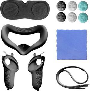 for Oculus Quest 2 Accessories - VR Face Silicone Cover + Touch Controller Grip Cover + Protective Lens dust-Proof Cover + Thumb Button Cap (Black)