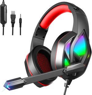 Wired Gaming Headset for PC Xbox One Over Ear Headphones with Color Changing LED Light Gaming Headphones for PS4 PS5 Laptop Mac Stereo Mic Surround Sound 35mm Audio Jack Foam Ear Pads Black Red