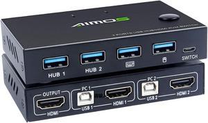 KVM Switch HDMI 2 Port Box, AIMOS USB and HDMI Switches 4 USB Hub, UHD 4K @30Hz, for 2 Computers Share Keyboard Mouse and one HD Monitor