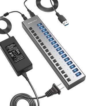 USB 3.0 Hub Super Speed Splitter,16 Ports USB Data Hub with Power Adapter,Individual On/Off Switches and Lights for Laptop, PC, Computer, Mobile HDD, Flash Dr Each Port can Charge Grey