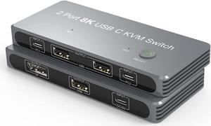 USB C KVM Switch, 8K KVM Switches 2 Ports USB Type-C for 2 Computers Share One 8K HD Monitor, Switch Selector with 3 USB Supported Wireless Devices Keyboard Mouse Printer Scanner