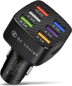 6-Port USB Car Charger, QC3.0 Fast Charging 6 USB Car Charger Adapter 15A Smart Shunt Car Phone Charger with Light, Suitable for i-Phone & Android Smartphones