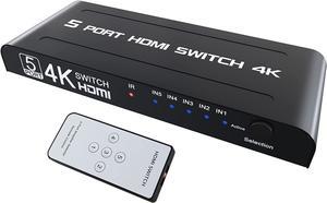 5 Ports HDMI Switch with Remote - HDMI Switcher 5 in 1 Out, HDMI Switcher 4K, 5 * HDMI 1.4 Port, Support 4K @30Hz TV, 3D Audio Video Sync, Plug&Play, Compatible with PS5 PS4 Xbox Fire Stick Roku etc.