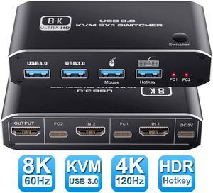 8K @60Hz 2x1 HDMI 2.1 KVM Switch, 2 Port 2 in 1 Out KVM HDMI 2.1 Switch for 2 PCs Shares 1 Set Mouse, Keyboard and Monitor, Support 8K @60Hz, 4K @120Hz, Hotkey, USB 3.0 Port, HDMI2.1 in/Out Port