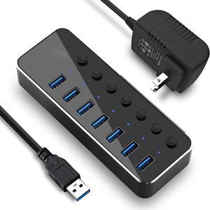 Powered USB Hub, 7 Ports USB 3.0 Aluminum USB Data Hub Splitter with 5V/3A Power Adapter and Independent On/Off Switch USB Port Hub Expander for Laptop PC and More