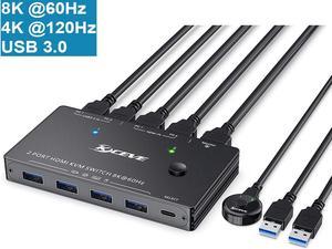 8K HDMI KVM Switch 2 Ports, USB 3.0 HDMI2.1 KVM Switcher Box, Support 7680x4320 8K @60Hz, 3840x2160 4K @120Hz Resolution for 2 Computers Share Mouse Keyboard and Monitor