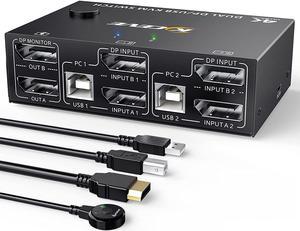 2 Port DP KVM Switch Dual Monitor DisplayPort 1.4 8K @30Hz 4K @144Hz 2 in 2 Out, DP1.4 KVM Switch and 4 USB HUBs for 2 Computers, Backward Compatible DP1.2 with DP+USB Cables and Wired Controller