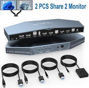 Dual Monitor HDMI KVM Switch for 2 Computers Share  2 Monitors, 4K @60Hz Extended Display Dual Monitors KVM Switch with Audio Microphone Out and 3 USB 2.0 ports, PC Monitor Keyboard Mouse Switcher