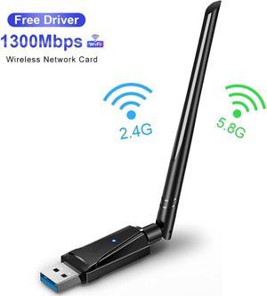 USB WiFi Dongle, AC1300 802.11AC Wireless Network WiFi Adapter with Dual Band 2.4GHz/5.8 GHz High Gain Antenna for Desktop PC Laptop Mac, Support Windows 11/10/8.1/8/7/Vista/XP, Mac OS 10.9-10.15