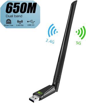 USB WiFi Wireless Adapter for PC 650Mbps, USB WiFi Dongle 802.11 ac Network Adapter with Dual Band 2.4GHz/200Mbps 5GHz/433Mbps 5dBi High Gain Antenna for Desktop Laptop Windows Vista/XP/Win7/8/10/11