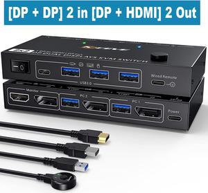 Dual Monitor Displayport KVM Switch, 2 Port Displayport in HDMI + Displayport Out USB 3.0 KVM Switch for 2 Computers Share 2 Monitors and USB 3.0 Ports, Wired Remote and DP 1.4 Cables Included