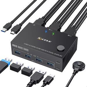 USB 3.0 KVM Switch HDMI Dual Monitor, USB HDMI Extended Display KVM Switcher for 2 Computers 2 Monitors and 4 USB 3.0 Ports, with Simulation EDID,KVM Switch HDMI Support 4K@60Hz 2K@144Hz  2 in 2 Out