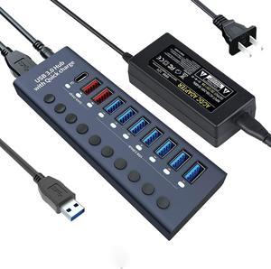 Aluminum Powered USB 3.0 Hub, 10-Port USB Hub Splitter (7xUSB 3.0 Data Transmission Ports + 2x Smart Charging Ports + 1x PD Charging Port), with 60W (12V/5A) Power Adapter and Independent Switch