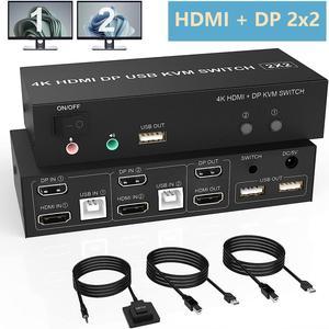 Dual Monitor HDMI Displayport KVM Switch 4K@60Hz Extended Display DP + HDMI KVM Switch for 2 Computers 2 Monitors with Audio Microphone Output and 3 USB Ports, PC Monitor Keyboard Mouse Switcher