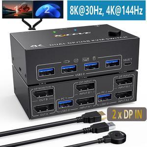 Dual Monitor Displayport KVM Switch for 2 Computers 2 Monitors 8K@30Hz 4K@144Hz, Display Port DP1.4 USB 3.0 KVM Switches 2 in 2 Out with 4 USB 3.0 Ports , Wired Remote and 4 Cables Included