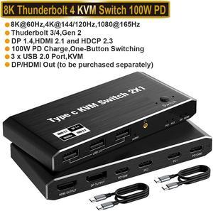 2x1 USB C KVM Switch 8K @60Hz 4K @120Hz, 2-Port Type C to HDMI or DP Monitor KVM Switch for 2 Laptops Share 1 Monitor and 3 USB Devices & 100W Power Delivery, 2 USB-C Cables Included