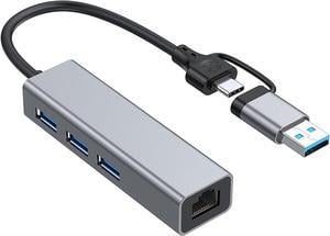 USB 3.0 & USB C Ethernet Adapter, 3 Port USB 3.0 Hub with RJ45 1000Mbps Ethernet Converter, Upgrade Aluminum Shell USB 3.0 Hub with Gigabit Ethernet Port for PC Laptop with Windows Mac OS