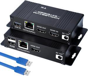 HDMI KVM USB Extender Over Cat5e/6/7-164FT HDMI to RJ45 1080P@60hz HDMI Over Ethernet KVM Extender Transmitter Receiver Support Keyboard Mouse USB Control No Latency Single Power Supply POC Function