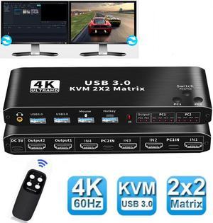 2x2 HDMI KVM Matrix Switch 2 Monitors 2 Computers 4K 60z, 2 PC 2 Monitor KVM Switch, Dual Monitor HDMI USB 3.0 KVM 2x2 Matrix Switch 2 in 2 Out, Support HDCP2.2, Hotkey,Extended And Mirror Display