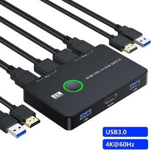 2 Port HDMI USB 3.0 Switch, 4K HDMI KVM Switch for 2 Computers Share One Monitor Keyboard Mouse and Printer, Support UHD 4K@60Hz, Compatibile for Windows 10/8/8.1/7/Vista/XP, Mac OS, Linux etc.