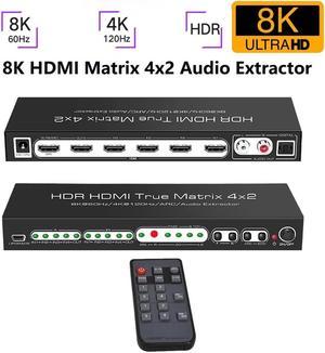 8K@60Hz HDMI Matrix Switch 4x2 with ARC, 4 in 2 Out HDMI2.1 Matrix HDMI Video Switcher Splitter+ Optical &L/R Audio Extractor, Support 4K @120Hz HDR10 HDCP2.3 Auto Downscale with IR Remote