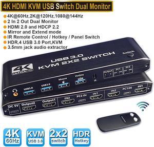 Dual Monitor HDMI KVM Switch 2 PCs 2 Monitors, 4K @60Hz HDMI KVM Switch 2 Port Extended Display, HDMI KVM Switch 2 in 2 Out with 3.5mm Audio, Support 4 USB 3.0 Share Keyboard Mouse Printer with Hotkey