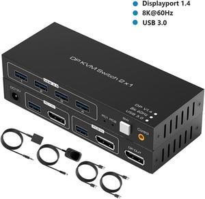 KVM Switch Display Port, 8K @60Hz 2 Port DisplayPort KVM Switch with 4 USB 3.0 Port, 2 Computers Share 1 Monitors DP 1.4 PC Keyboard Mouse Switcher with USB Cable, Desktop Controller and Power Adapter