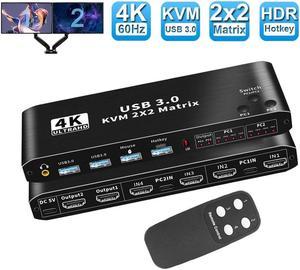 2x2 HDMI KVM Matrix Switch 2 in 2 Out, Dual Monitor HDMI + USB-C 4K @60Hz KVM Switch 2 Monitors 2 Computers, with Keyboard, Mouse Output and 2 USB 3.0 Ports, PC Monitor Keyboard Mouse Switcher