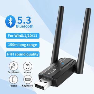 Ultra Long Range 492FT/150M Bluetooth 5.3 Adapter with Dual Antennas for PC Supports Windows 11/10/8.1/7, BT5.3+EDR USB Bluetooth Adapter for PC,Laptop,Keyboard,Mouse,Headsets,Speakers