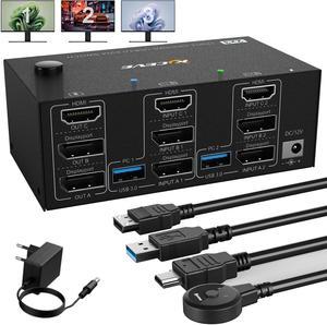 USB 3.0 HDMI + 2 DisplayPort KVM Switch 3 Monitors 2 Computers, 8K@60Hz KVM Switch 4K@144Hz, KVM Switch Displayport 1.4 + HDMI 2.1 for 2 PC Share Mouse, Keyboard and 3 Monitors, with Wired Remote