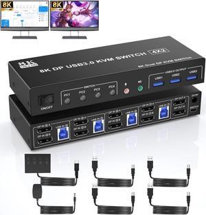 8K@60Hz USB 3.0 Displayport KVM Switch 2 Monitors 4 Computers, Dual Monitor KVM Switch 4 in 2 Out with Audio Output and 3 USB 3.0 Ports, 4 Port Dual Monitor Displayport KVM Switch for 4 Computers