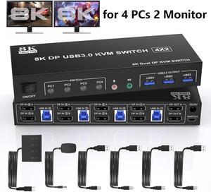 4 Port 8K Displayport USB 3.0 KVM Switch 2 Monitors for 4 Computers 2 Monitors, DP1.4 Display Port KVM Switch with Audio Microphone Output and 3 USB 3.0 Port, 8K DP Monitor Switch for 4 PCs 2 Monitors