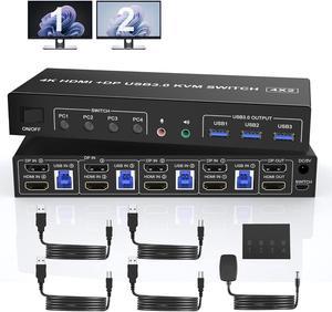 USB 3.0 Displayport+HDMI Dual Monitor KVM Switch for 4 PCs, 4K 60Hz KVM Switch 2 Monitors 4 Computers, with Audio Microphone Output and 3 USB 3.0 Ports, HDMI+DP Monitor KVM Switch for 4 PCs 2 Monitors