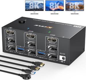 USB 3.0 HDMI + 2 DisplayPort KVM Switch 3 Monitors, 8K@30Hz/4k@144Hz Triple Monitor 2 DP + HDMI KVM Switch for 2 Computer Share 3 Display and 4 USB 3.0 Devices. Wired Remote and USB Cables Included