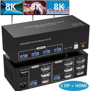 8K 2 Displayport + HDMI USB 3.0 KVM Switch 3 Monitors 2 Computers, 8K@60Hz 4K@144Hz 2 Displayport + HDMI Triple Monitor KVM Switch with 4 USB 3.0 Ports, KVM Triple Monitor Keyboard Mouse Switcher