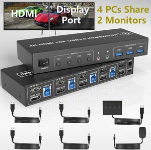 USB 3.0 HDMI + Displayport KVM Switch 2 Monitors 4 Computers, 4K@60Hz Dual Monitor KVM Switch with Audio Microphone Output and 3 USB 3.0 Ports, 4 Port HDMI+DP Monitor Switch for 4 PCs 2 Monitors