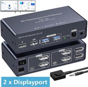 2 Port Dual Monitor DisplayPort KVM Switch 2 in 2 Out, 8K60Hz 4K120Hz Aluminium Displayport Switch KVM Switch 2 Monitors 2 Computers Shared 4 USB Device Support DP1.4 With With Desktop Controller