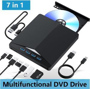 External CD/DVD Drive for Laptop - 7 in 1 USB 3.0 Type C Portable DVD Player, Portable CD/DVD Burner Optical CD DVD Drive, Compatible with Laptop, Desktop PC, Windows 11/10/8/7, Linux, Mac OS