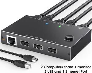 USB HDMI KVM Switch with Ethernet, HDMI KVM Switch 2 Port 4K@60Hz,KVM Switches for 2 Computers Share 1 Monitor and 3 USB Devices Keyboard Mouse, 100Mbps Ethernet Network KVM Switcher
