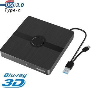 External Blu-ray CD/DVD Drive, BD Player with Read/Write Capability Portable Blu-ray CD DVD Drive Burner with USB 3.0 and Type-C DVD Burner 3D Blu-ray Drive Compatible with Windows and Mac OS