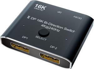 2 Port DisplayPort Switch, 16K@60Hz DP Switch Bi-Direction 8K@120Hz 4K@240Hz Displayport Splitter Converter for Multiple Source and displays 16K DP Video Converter