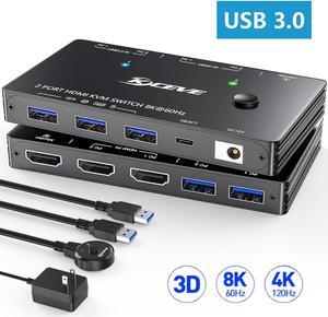 2 Port HDMI KVM Switch 2 in 1 Out, USB 3.0 KVM Switch HDMI 8K@60Hz with 3 USB 3.0 Switch for 2 Computers Sharing 1 Monitor Keyboard Mouse with 2 USB Cables, Power Adapter and Controller