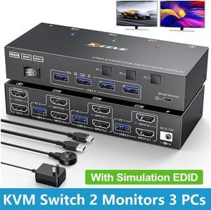 USB 3.0 HDMI KVM Switch 2 Monitors 3 Computers 4K@60Hz 2K@144Hz, Edid simulation, Dual Monitor HDMI KVM Switch 3 in 2 Out for 3 Computers Share 2 Displays and 4 USB3.0 Port Keyboard Mouse Printer